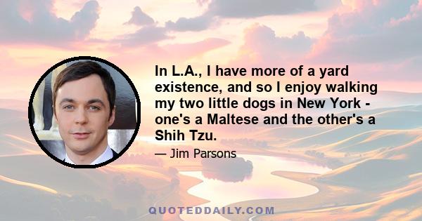 In L.A., I have more of a yard existence, and so I enjoy walking my two little dogs in New York - one's a Maltese and the other's a Shih Tzu.