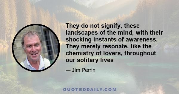 They do not signify, these landscapes of the mind, with their shocking instants of awareness. They merely resonate, like the chemistry of lovers, throughout our solitary lives