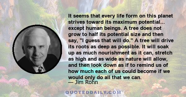 It seems that every life form on this planet strives toward its maximum potential... except human beings. A tree does not grow to half its potential size and then say, l guess that will do. A tree will drive its roots