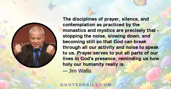 The disciplines of prayer, silence, and contemplation as practiced by the monastics and mystics are precisely that - stopping the noise, slowing down, and becoming still so that God can break through all our activity