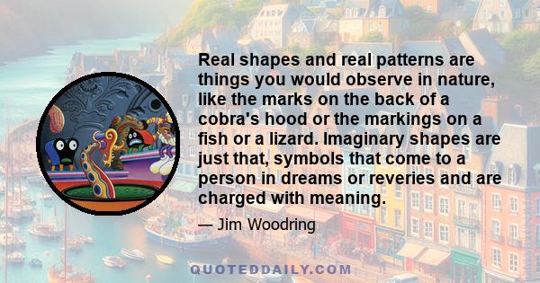 Real shapes and real patterns are things you would observe in nature, like the marks on the back of a cobra's hood or the markings on a fish or a lizard. Imaginary shapes are just that, symbols that come to a person in