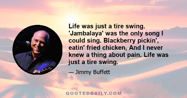 Life was just a tire swing. 'Jambalaya' was the only song I could sing. Blackberry pickin', eatin' fried chicken, And I never knew a thing about pain. Life was just a tire swing.