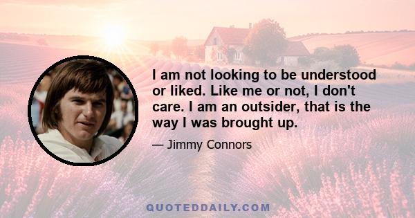 I am not looking to be understood or liked. Like me or not, I don't care. I am an outsider, that is the way I was brought up.