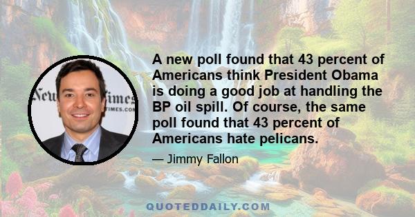 A new poll found that 43 percent of Americans think President Obama is doing a good job at handling the BP oil spill. Of course, the same poll found that 43 percent of Americans hate pelicans.