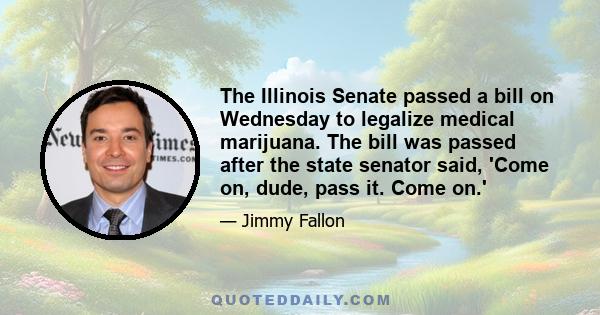 The Illinois Senate passed a bill on Wednesday to legalize medical marijuana. The bill was passed after the state senator said, 'Come on, dude, pass it. Come on.'