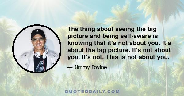 The thing about seeing the big picture and being self-aware is knowing that it's not about you. It's about the big picture. It's not about you. It's not. This is not about you.