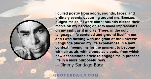 I culled poetry from odors, sounds, faces, and ordinary events occurring around me. Breezes bulged me as if I were cloth; sounds nicked their marks on my nerves; objects made impressions on my sight as if in clay.