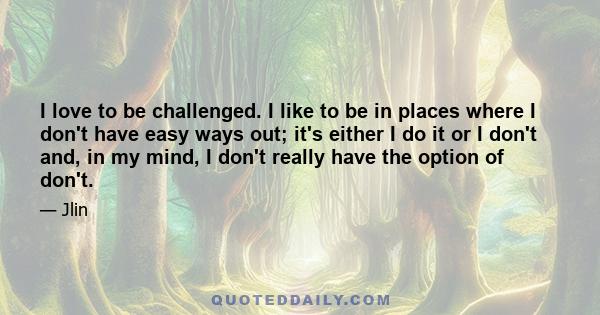 I love to be challenged. I like to be in places where I don't have easy ways out; it's either I do it or I don't and, in my mind, I don't really have the option of don't.