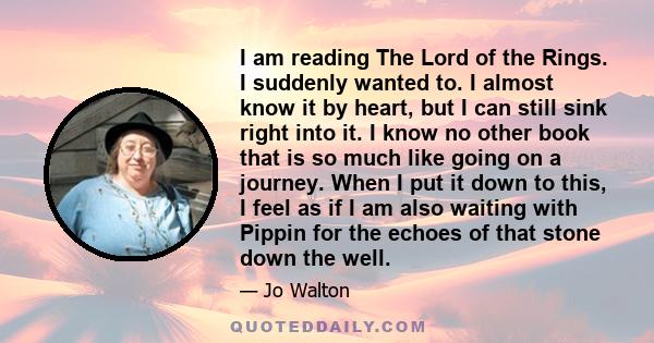 I am reading The Lord of the Rings. I suddenly wanted to. I almost know it by heart, but I can still sink right into it. I know no other book that is so much like going on a journey. When I put it down to this, I feel