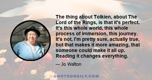 The thing about Tolkien, about The Lord of the Rings, is that it's perfect. It's this whole world, this whole process of immersion, this journey. It's not, I'm pretty sure, actually true, but that makes it more amazing, 