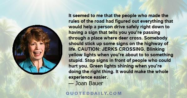 It seemed to me that the people who made the rules of the road had figured out everything that would help a person drive safely right down to having a sign that tells you you're passing through a place where deer cross. 