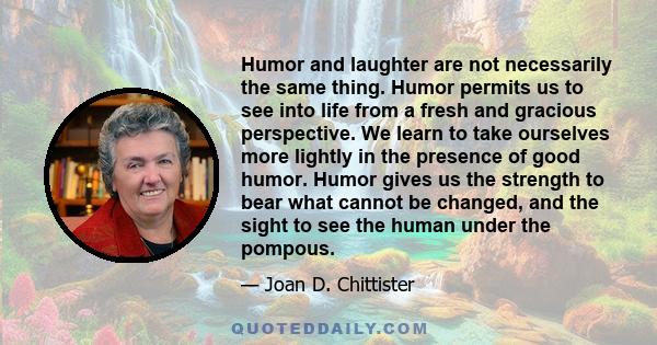 Humor and laughter are not necessarily the same thing. Humor permits us to see into life from a fresh and gracious perspective. We learn to take ourselves more lightly in the presence of good humor. Humor gives us the