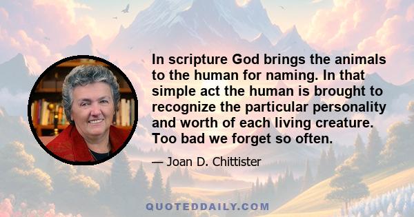 In scripture God brings the animals to the human for naming. In that simple act the human is brought to recognize the particular personality and worth of each living creature. Too bad we forget so often.