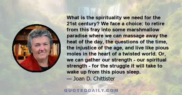 What is the spirituality we need for the 21st century? We face a choice: to retire from this fray into some marshmallow paradise where we can massage away the heat of the day, the questions of the time, the injustice of 