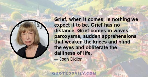 Grief, when it comes, is nothing we expect it to be. Grief has no distance. Grief comes in waves, paroxysms, sudden apprehensions that weaken the knees and blind the eyes and obliterate the dailiness of life.