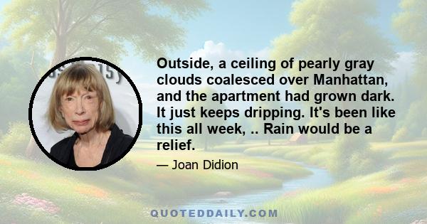 Outside, a ceiling of pearly gray clouds coalesced over Manhattan, and the apartment had grown dark. It just keeps dripping. It's been like this all week, .. Rain would be a relief.