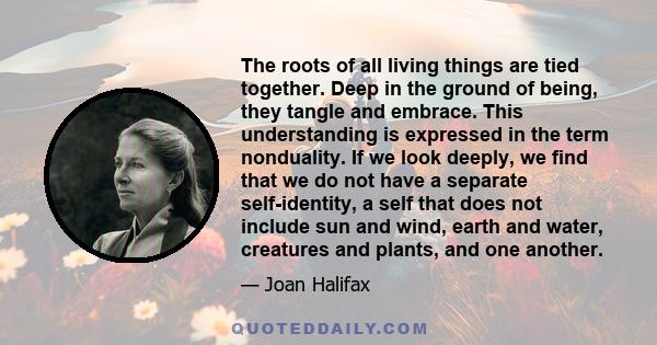 The roots of all living things are tied together. Deep in the ground of being, they tangle and embrace. This understanding is expressed in the term nonduality. If we look deeply, we find that we do not have a separate