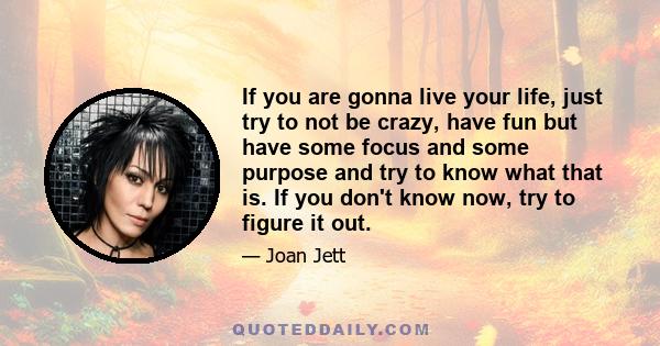 If you are gonna live your life, just try to not be crazy, have fun but have some focus and some purpose and try to know what that is. If you don't know now, try to figure it out.