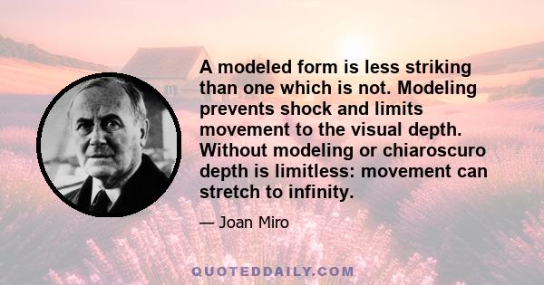 A modeled form is less striking than one which is not. Modeling prevents shock and limits movement to the visual depth. Without modeling or chiaroscuro depth is limitless: movement can stretch to infinity.