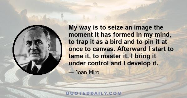 My way is to seize an image the moment it has formed in my mind, to trap it as a bird and to pin it at once to canvas. Afterward I start to tame it, to master it. I bring it under control and I develop it.