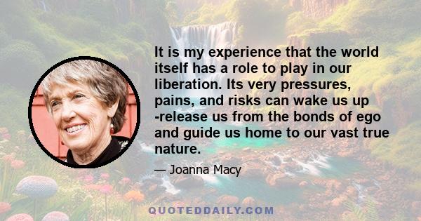 It is my experience that the world itself has a role to play in our liberation. Its very pressures, pains, and risks can wake us up -release us from the bonds of ego and guide us home to our vast true nature.