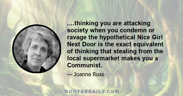 ....thinking you are attacking society when you condemn or ravage the hypothetical Nice Girl Next Door is the exact equivalent of thinking that stealing from the local supermarket makes you a Communist.