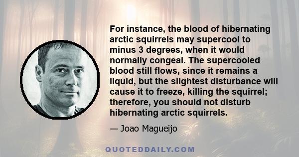 For instance, the blood of hibernating arctic squirrels may supercool to minus 3 degrees, when it would normally congeal. The supercooled blood still flows, since it remains a liquid, but the slightest disturbance will