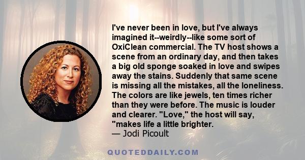 I've never been in love, but I've always imagined it--weirdly--like some sort of OxiClean commercial. The TV host shows a scene from an ordinary day, and then takes a big old sponge soaked in love and swipes away the