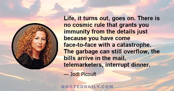 Life, it turns out, goes on. There is no cosmic rule that grants you immunity from the details just because you have come face-to-face with a catastrophe. The garbage can still overflow, the bills arrive in the mail,