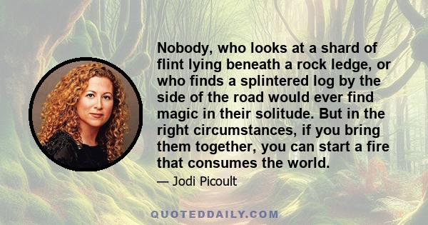 Nobody, who looks at a shard of flint lying beneath a rock ledge, or who finds a splintered log by the side of the road would ever find magic in their solitude. But in the right circumstances, if you bring them