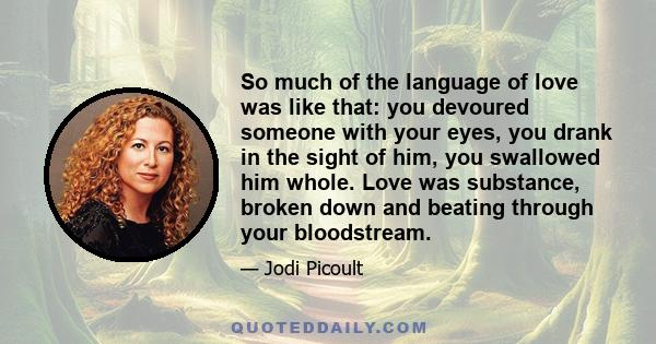 So much of the language of love was like that: you devoured someone with your eyes, you drank in the sight of him, you swallowed him whole. Love was substance, broken down and beating through your bloodstream.