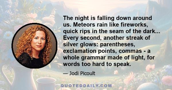 The night is falling down around us. Meteors rain like fireworks, quick rips in the seam of the dark... Every second, another streak of silver glows: parentheses, exclamation points, commas - a whole grammar made of