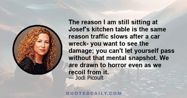 The reason I am still sitting at Josef's kitchen table is the same reason traffic slows after a car wreck- you want to see the damage; you can't let yourself pass without that mental snapshot. We are drawn to horror