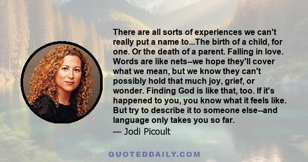 There are all sorts of experiences we can't really put a name to...The birth of a child, for one. Or the death of a parent. Falling in love. Words are like nets--we hope they'll cover what we mean, but we know they