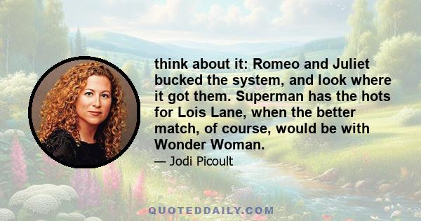 think about it: Romeo and Juliet bucked the system, and look where it got them. Superman has the hots for Lois Lane, when the better match, of course, would be with Wonder Woman.