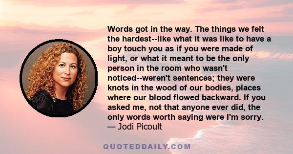 Words got in the way. The things we felt the hardest--like what it was like to have a boy touch you as if you were made of light, or what it meant to be the only person in the room who wasn't noticed--weren't sentences; 