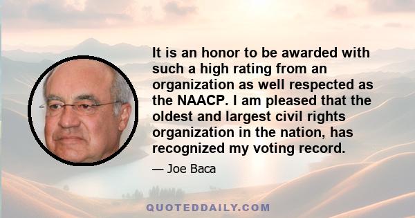 It is an honor to be awarded with such a high rating from an organization as well respected as the NAACP. I am pleased that the oldest and largest civil rights organization in the nation, has recognized my voting record.