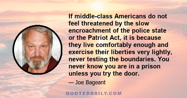 If middle-class Americans do not feel threatened by the slow encroachment of the police state or the Patriot Act, it is because they live comfortably enough and exercise their liberties very lightly, never testing the