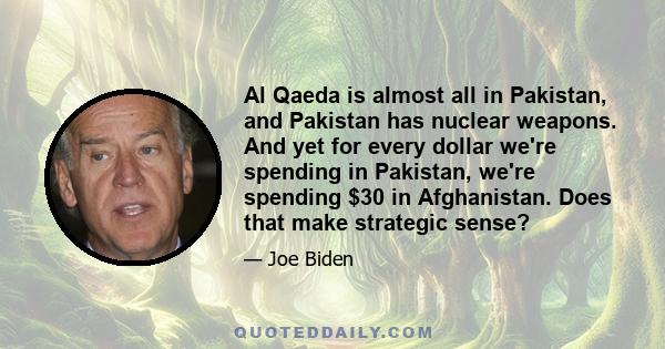 Al Qaeda is almost all in Pakistan, and Pakistan has nuclear weapons. And yet for every dollar we're spending in Pakistan, we're spending $30 in Afghanistan. Does that make strategic sense?