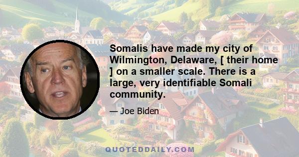 Somalis have made my city of Wilmington, Delaware, [ their home ] on a smaller scale. There is a large, very identifiable Somali community.