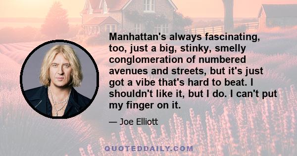 Manhattan's always fascinating, too, just a big, stinky, smelly conglomeration of numbered avenues and streets, but it's just got a vibe that's hard to beat. I shouldn't like it, but I do. I can't put my finger on it.