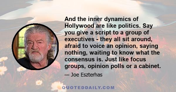 And the inner dynamics of Hollywood are like politics. Say you give a script to a group of executives - they all sit around, afraid to voice an opinion, saying nothing, waiting to know what the consensus is. Just like