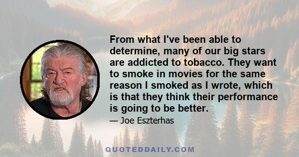 From what I've been able to determine, many of our big stars are addicted to tobacco. They want to smoke in movies for the same reason I smoked as I wrote, which is that they think their performance is going to be