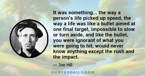 It was something... the way a person's life picked up speed, the way a life was like a bullet aimed at one final target, impossible to slow or turn aside, and like the bullet, you were ignorant of what you were going to 