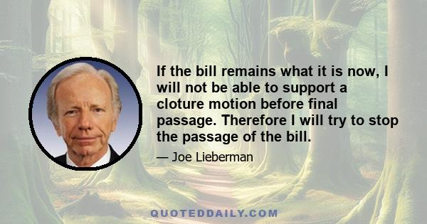 If the bill remains what it is now, I will not be able to support a cloture motion before final passage. Therefore I will try to stop the passage of the bill.