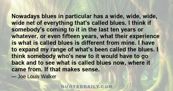 Nowadays blues in particular has a wide, wide, wide, wide net of everything that's called blues. I think if somebody's coming to it in the last ten years or whatever, or even fifteen years, what their experience is what 