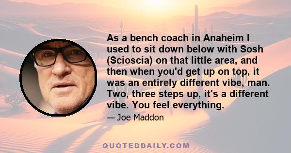 As a bench coach in Anaheim I used to sit down below with Sosh (Scioscia) on that little area, and then when you'd get up on top, it was an entirely different vibe, man. Two, three steps up, it's a different vibe. You