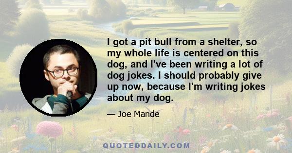 I got a pit bull from a shelter, so my whole life is centered on this dog, and I've been writing a lot of dog jokes. I should probably give up now, because I'm writing jokes about my dog.