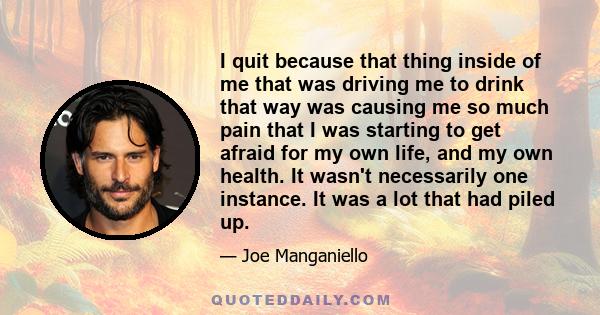 I quit because that thing inside of me that was driving me to drink that way was causing me so much pain that I was starting to get afraid for my own life, and my own health. It wasn't necessarily one instance. It was a 