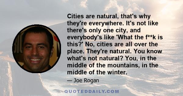 Cities are natural, that's why they're everywhere. It's not like there's only one city, and everybody's like 'What the f**k is this?' No, cities are all over the place. They're natural. You know what's not natural? You, 